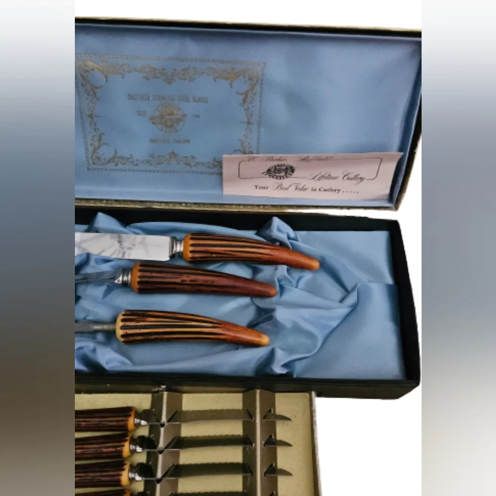 Vintage 1960's W Parker & Sons Sheffield carving set and steak knifes. 9 piece